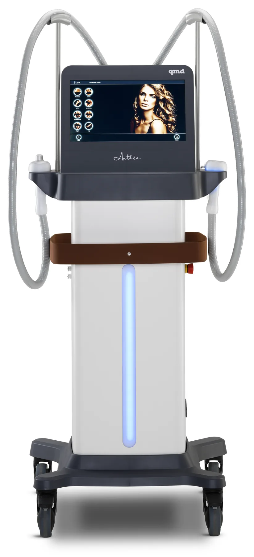 Anthéa by qmd, front view, cryo mode with blue LED strip and both handpieces docked