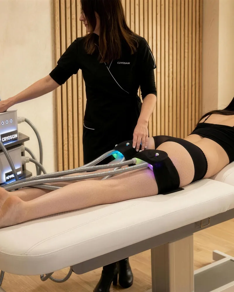 Cryoskin® Revolution static session on the back of the thighs while the operator works the console
